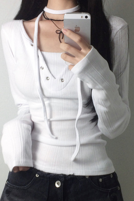 Lace-Up Long Sleeve Ribbed T-Shirt