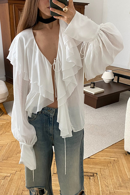 Ruffled Deep-V Long Sleeve Blouse
