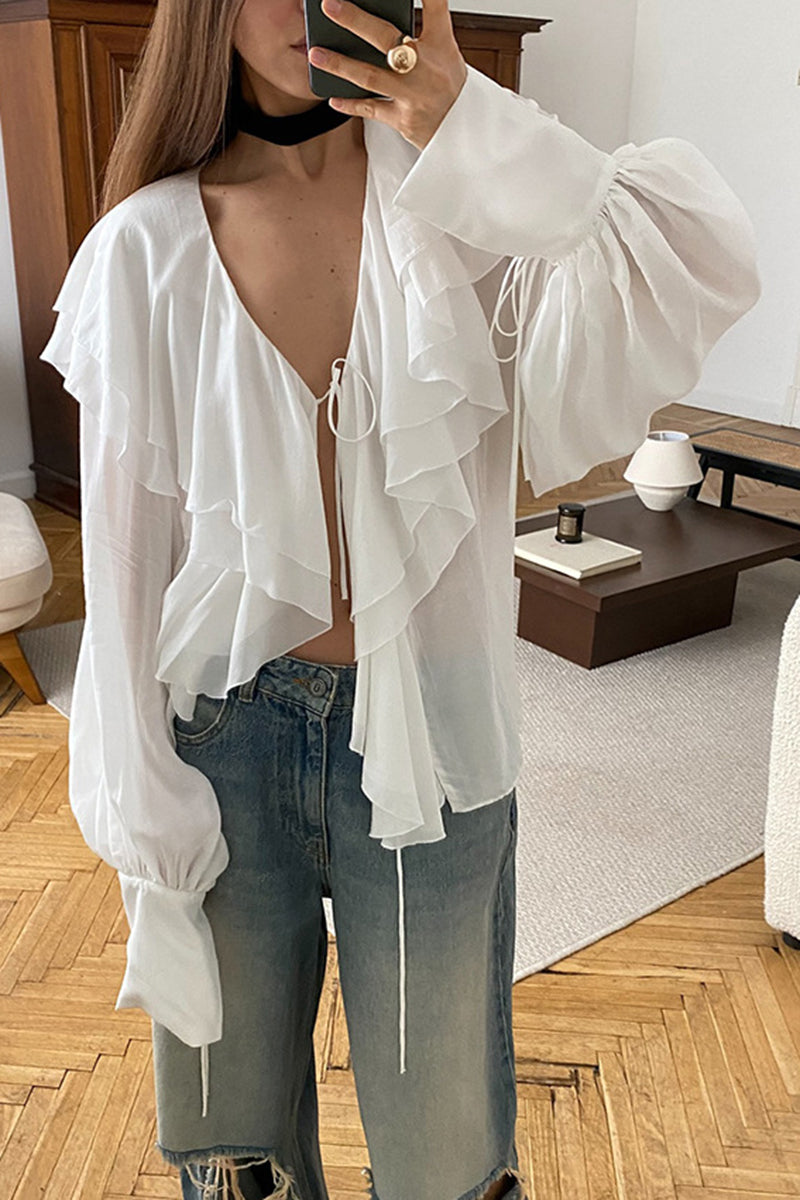 Ruffled Deep-V Long Sleeve Blouse