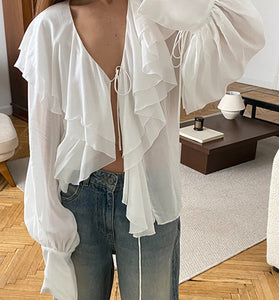 Ruffled Deep-V Long Sleeve Blouse