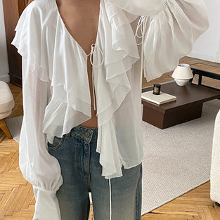 Ruffled Deep-V Long Sleeve Blouse