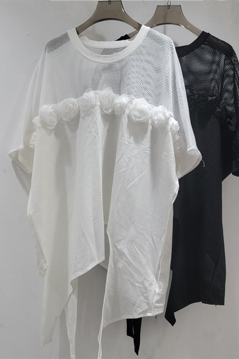 Mesh Rose Detail Oversized T-Shirt