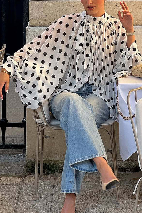 Polka Dot Ruffled Blouse with Flowing Sleeves