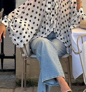Polka Dot Ruffled Blouse with Flowing Sleeves