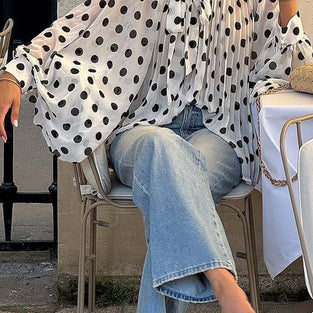 Polka Dot Ruffled Blouse with Flowing Sleeves