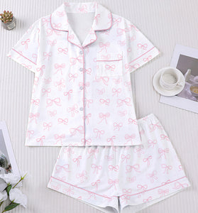 Bow Print Short Sleeve Loungewear Set