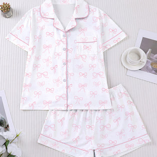 Bow Print Short Sleeve Loungewear Set