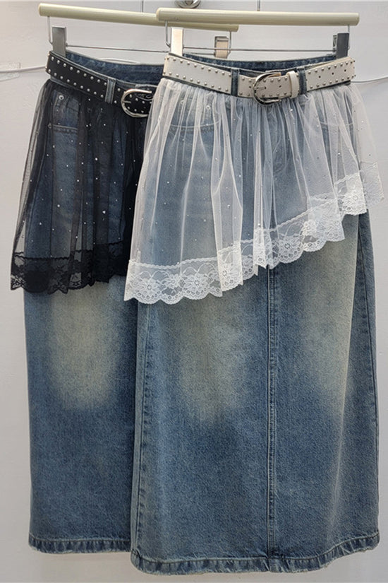 Chic Denim Skirt with Lace Overlay