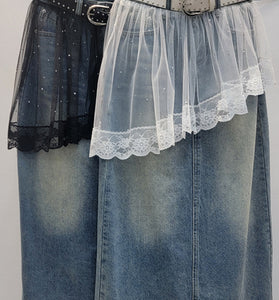 Chic Denim Skirt with Lace Overlay