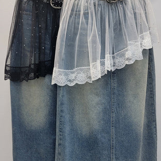 Chic Denim Skirt with Lace Overlay