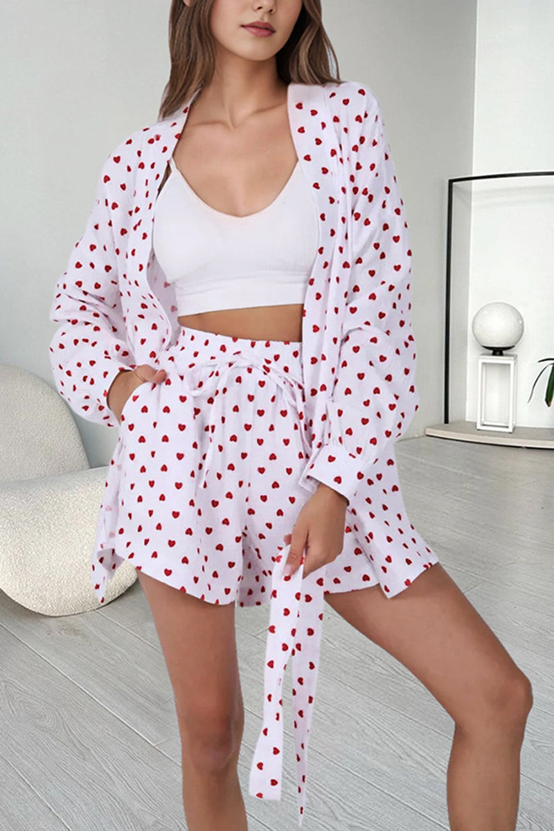 Heart Patterned Tie Waist Loungewear Set