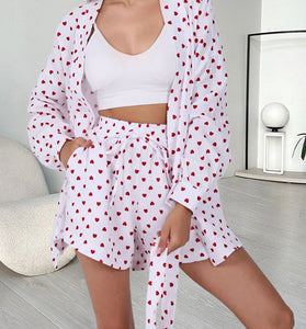 Heart Patterned Tie Waist Loungewear Set