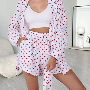 Heart Patterned Tie Waist Loungewear Set