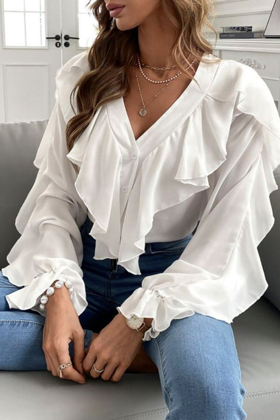 Ruffle V-Neck Button-Up Blouse