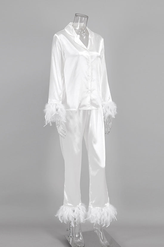 Feather Trim Buttoned Loungewear Set