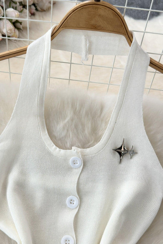 Buttoned Sleeveless Tank with Star Detail