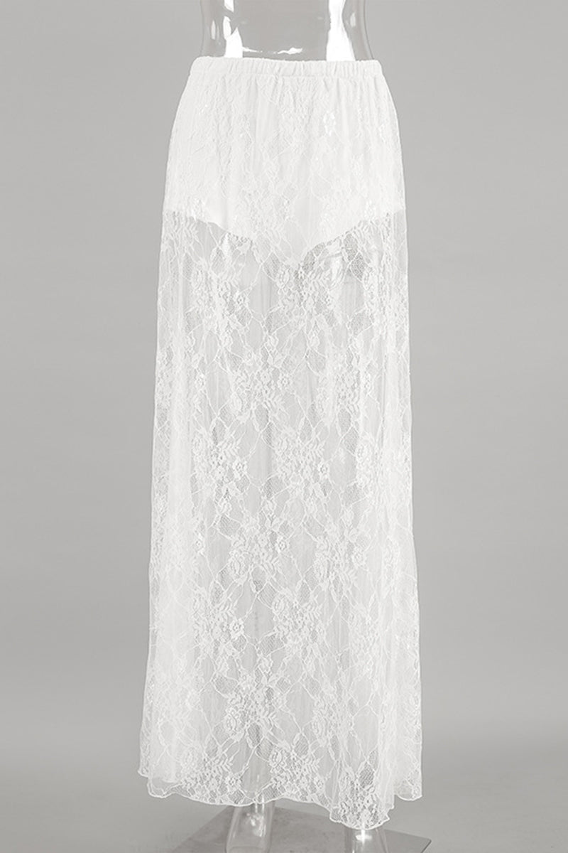 Sheer Lace Overlay Midi Skirt