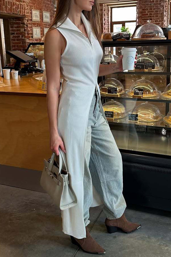 Zip-Up Sleeveless Ribbed Maxi Dress