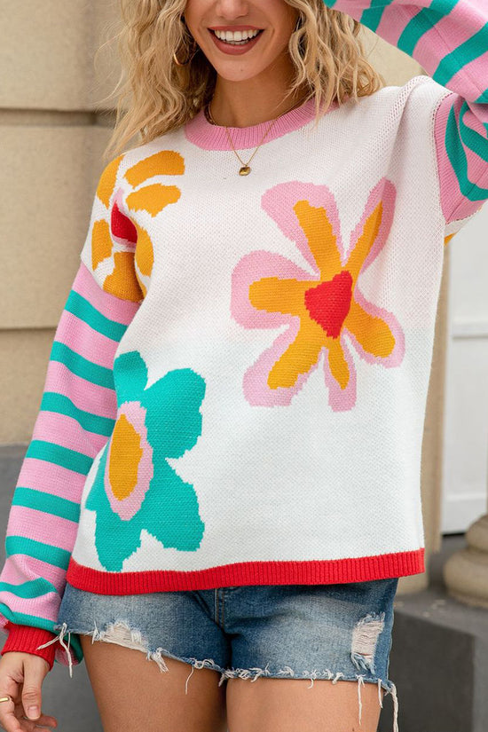 Floral Patterned Crew Neck Sweater