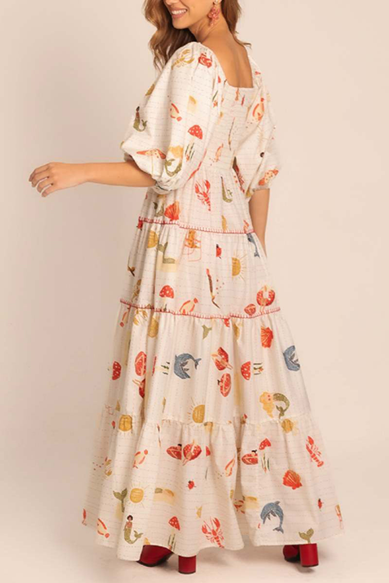 Printed Tiered Puff Sleeve Maxi Dress