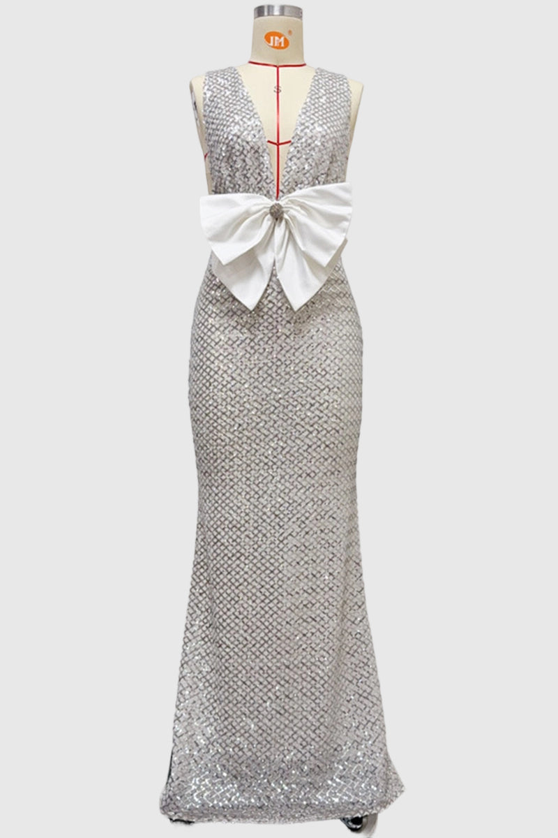 Elegant Bow-Accent Sleeveless Evening Gown