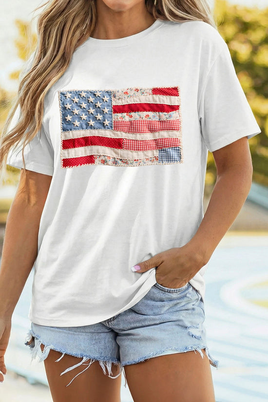 Faux Patchwork Printed US Flag Casual Tee
