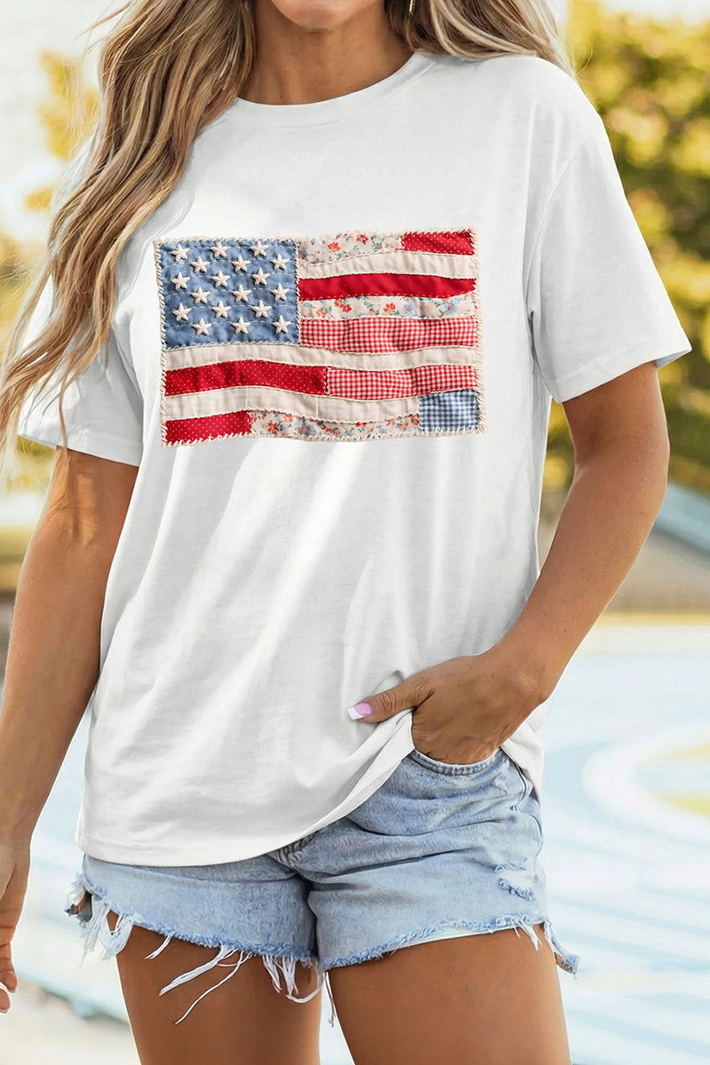 Faux Patchwork Printed US Flag Casual Tee