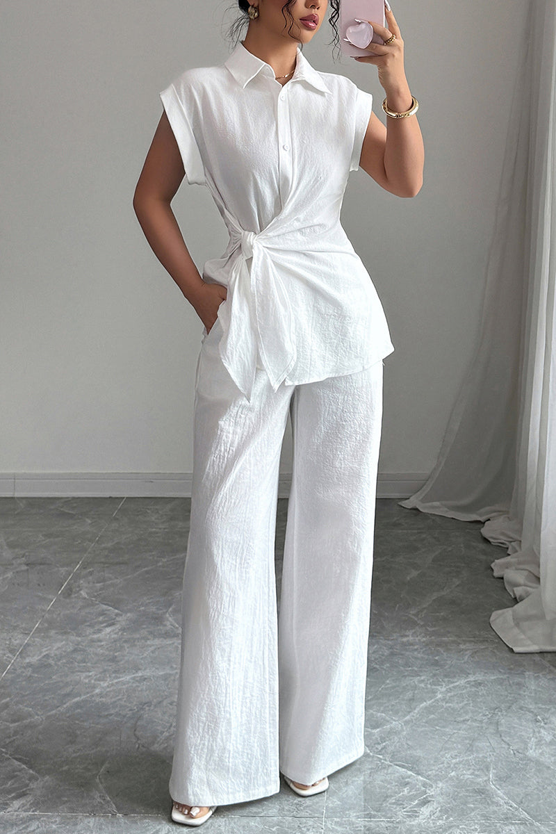 Elegant Sleeveless Shirt and Wide-Leg Pants Set