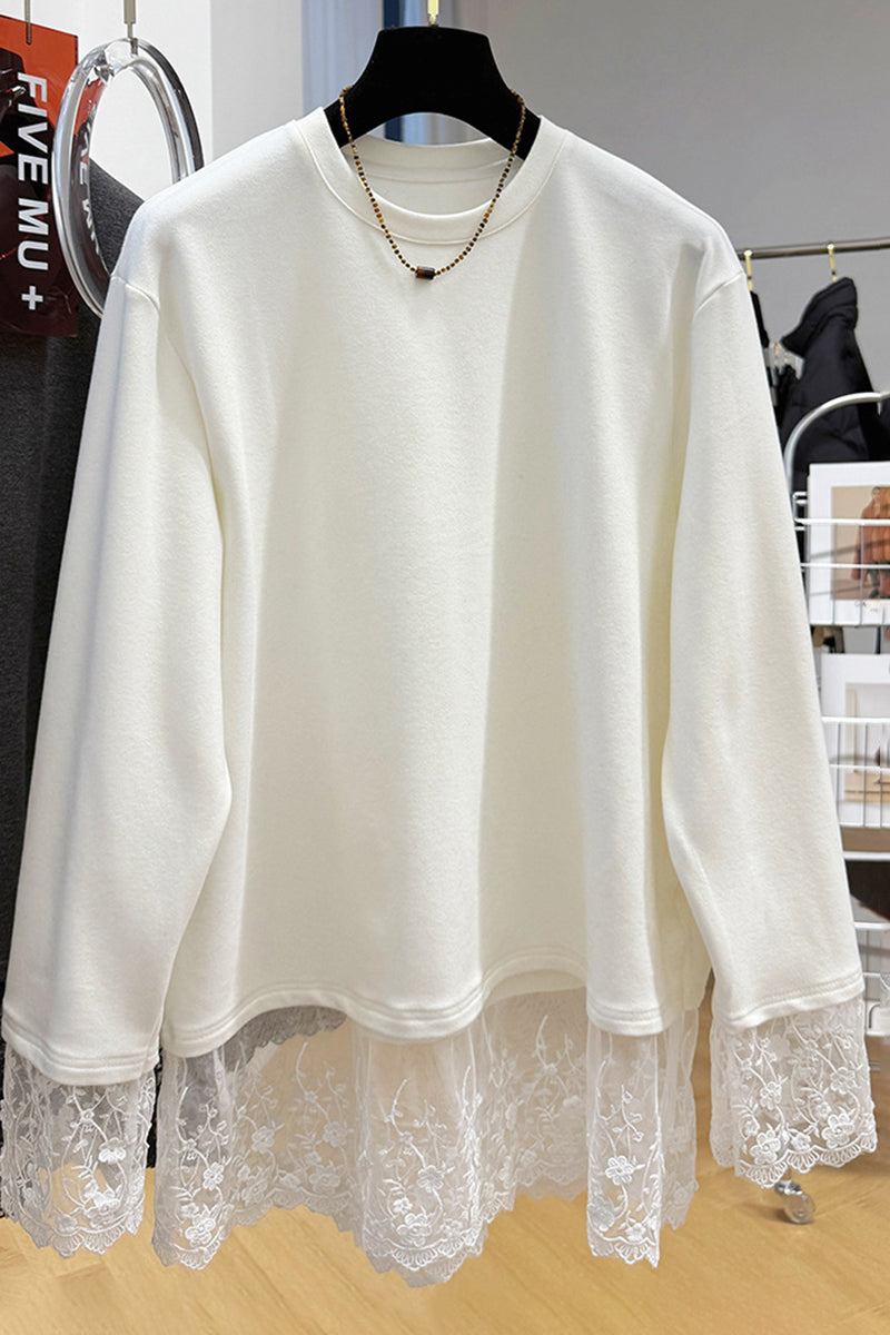 Lace Trim Long Sleeve Loose Fit Top