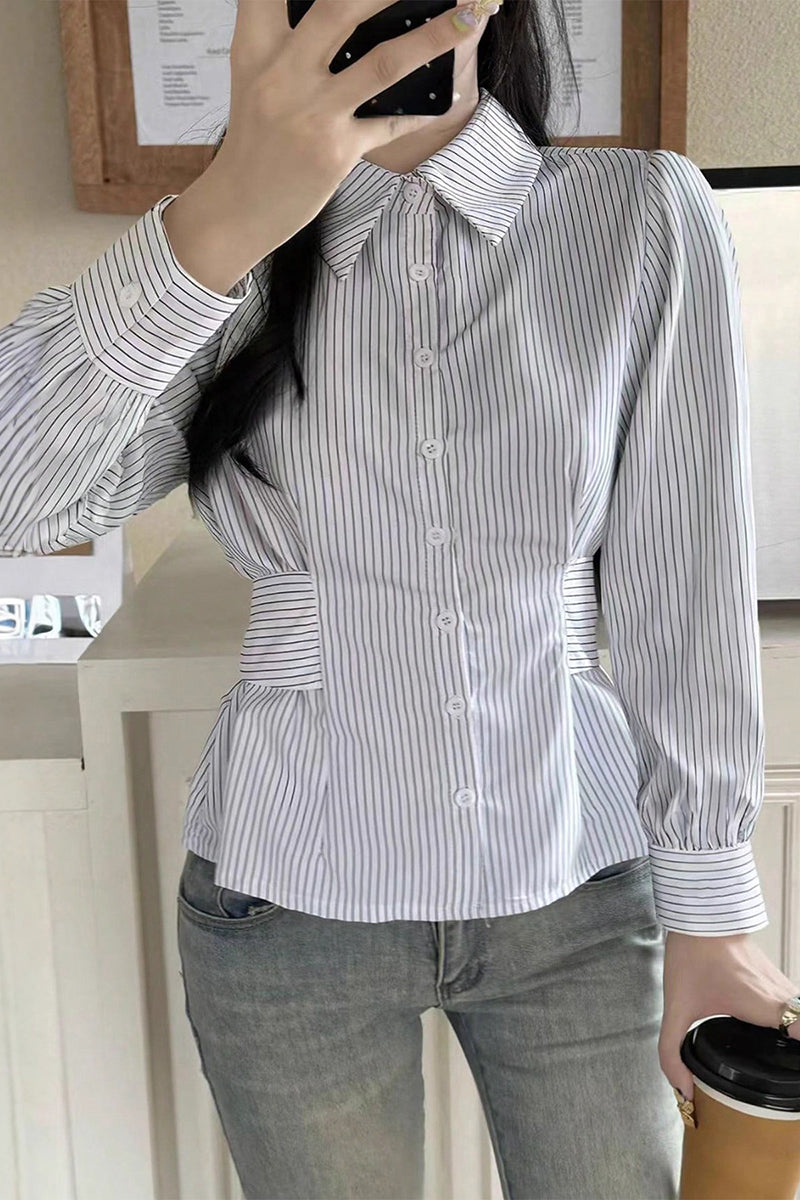 Stripe Pattern Button-Up Blouse