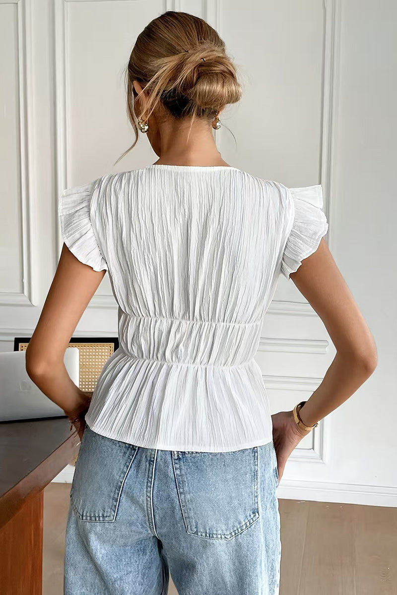 Peplum Bow Accent V-Neck Short Sleeve Top