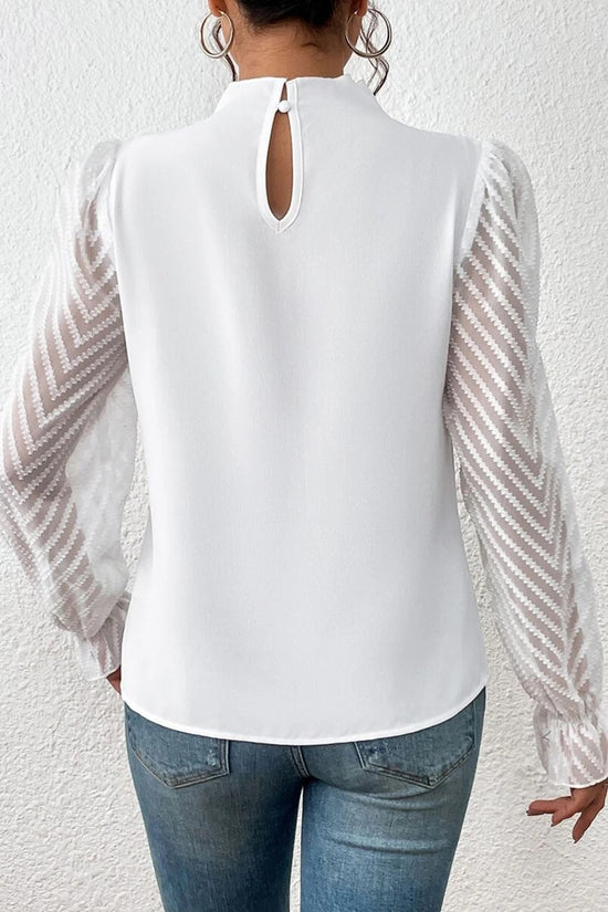 Elegant Pleated High Neck Sheer Sleeve Top