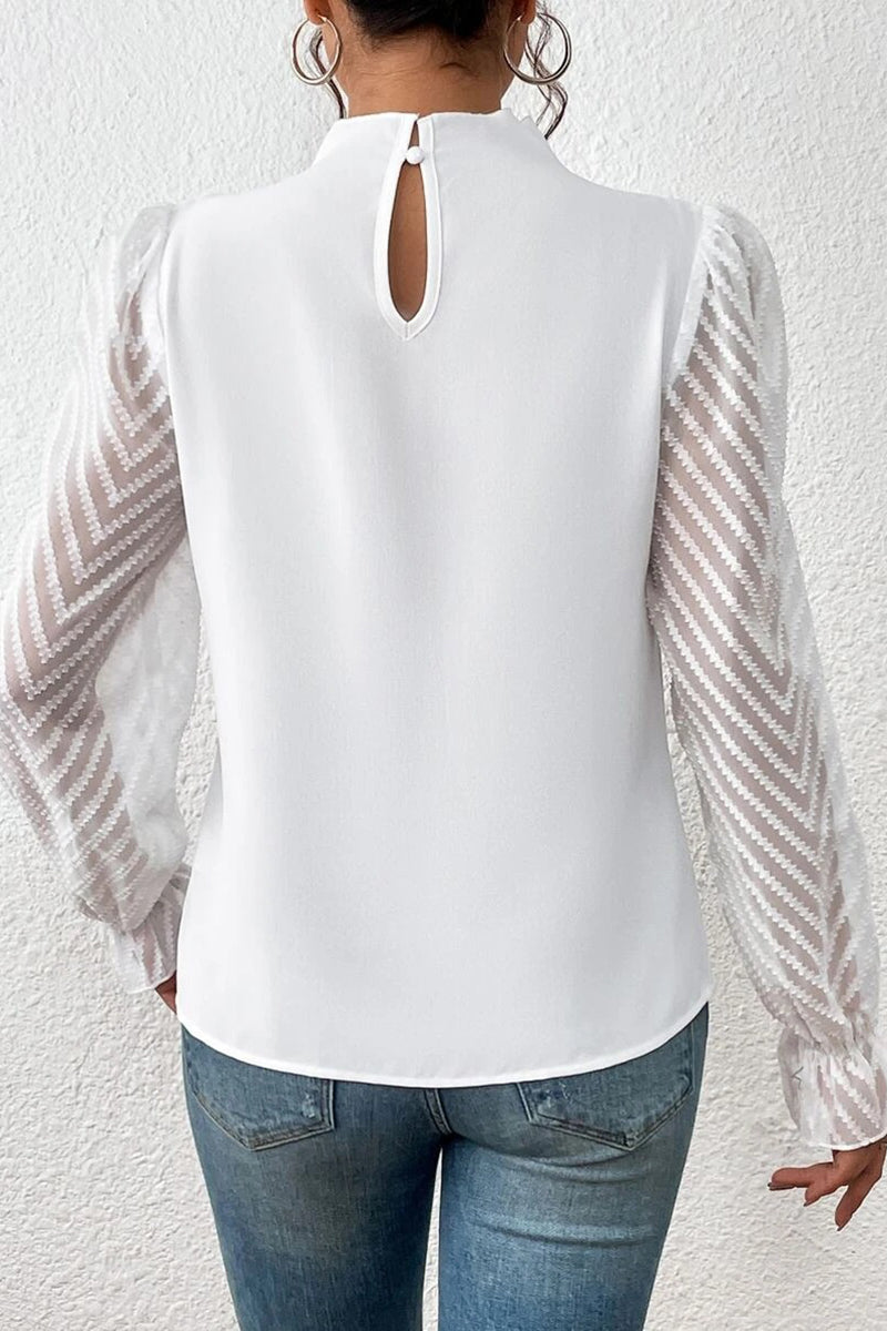 Elegant Pleated High Neck Sheer Sleeve Top