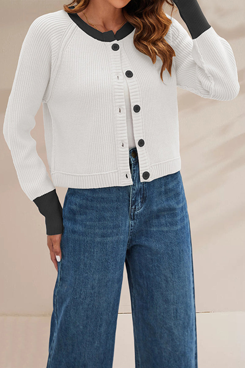 Button-Up Knit Cardigan with Contrast Trim