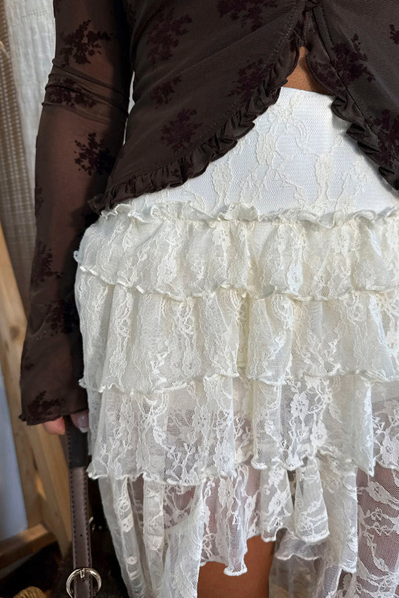 Sheer Lace Ruffled High Low Skirt