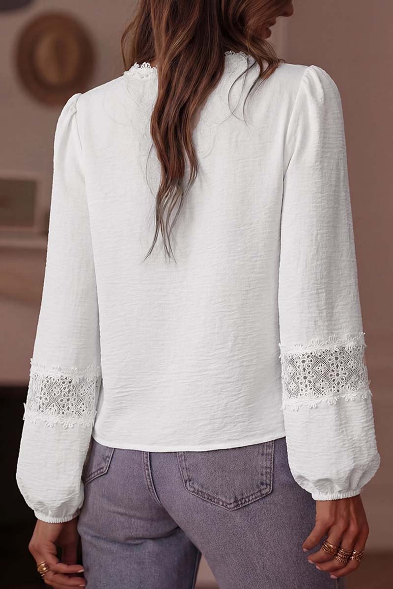 Solid Floral Guipure Lace   Long Sleeve Blouse