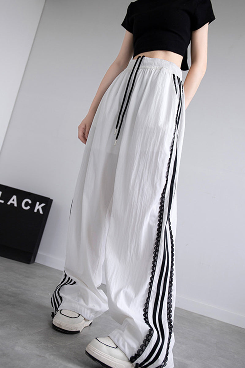 Striped Lace Trim Casual Pants
