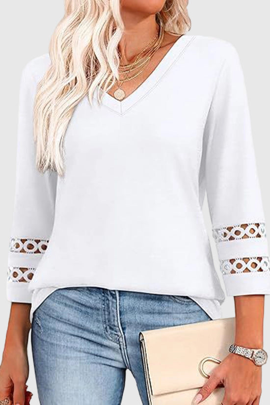 V-Neck Lace Sleeve Casual Top