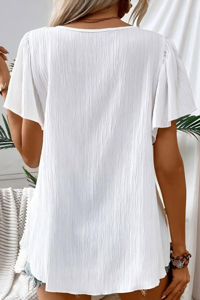 Square Neck Boho Crochet Short Sleeve Top