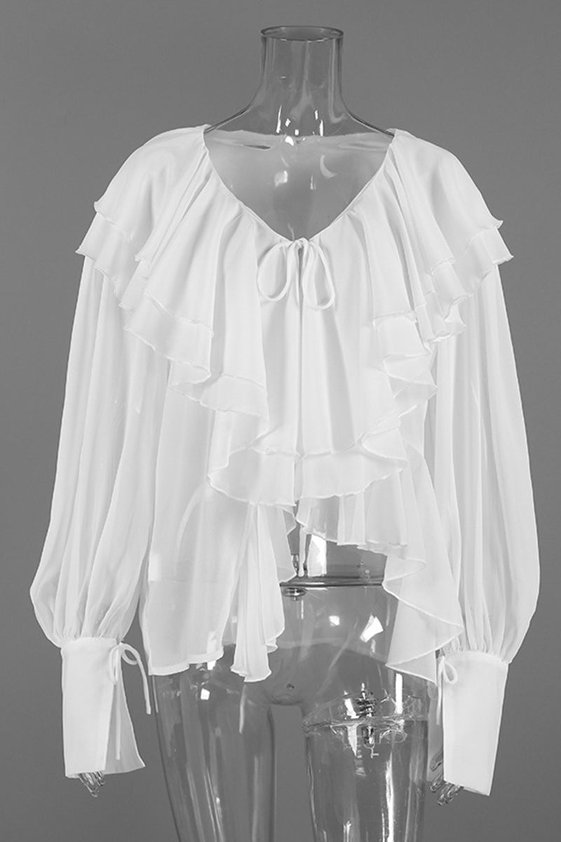 Ruffled Deep-V Long Sleeve Blouse
