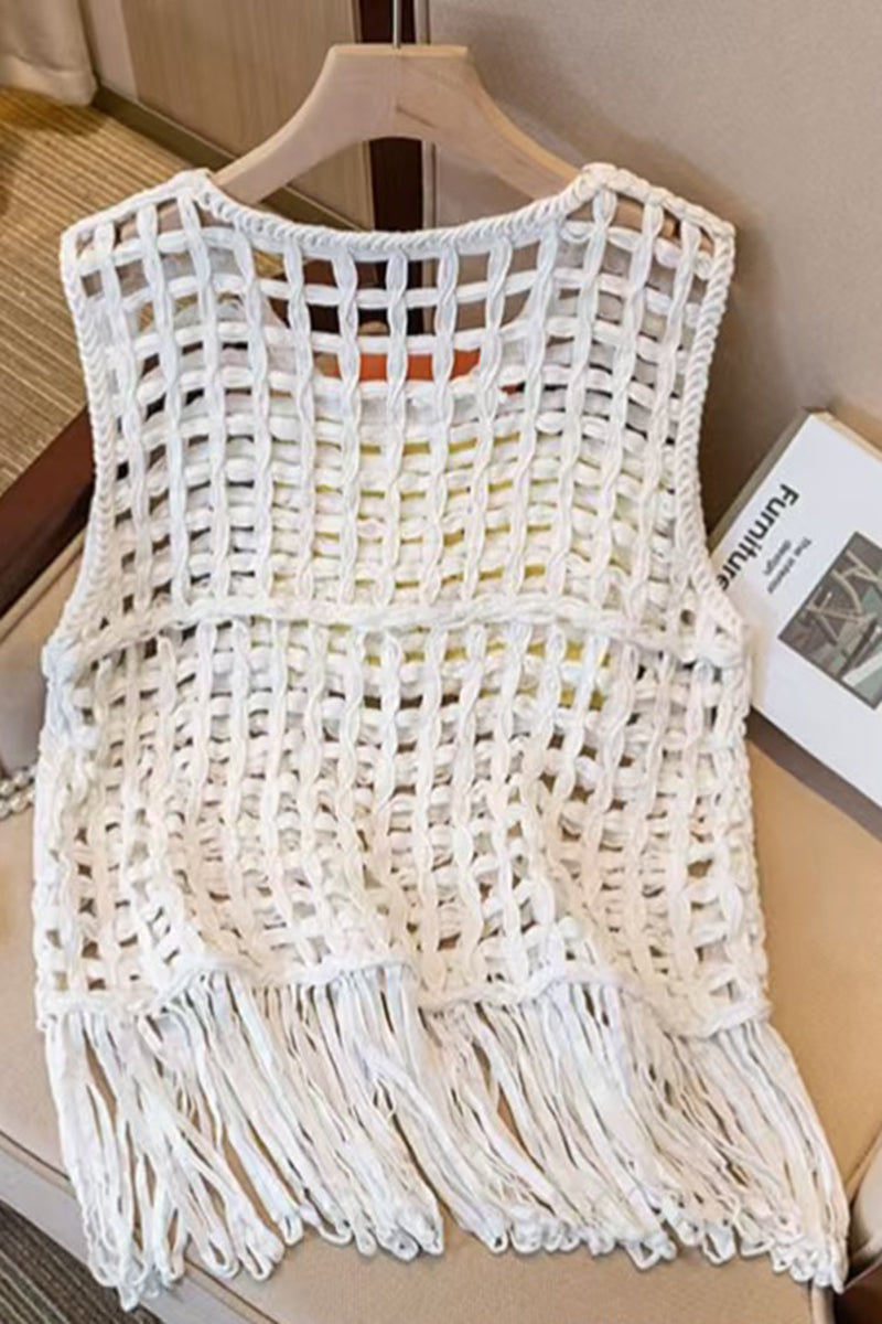 Fringe Open Weave Sleeveless Vest