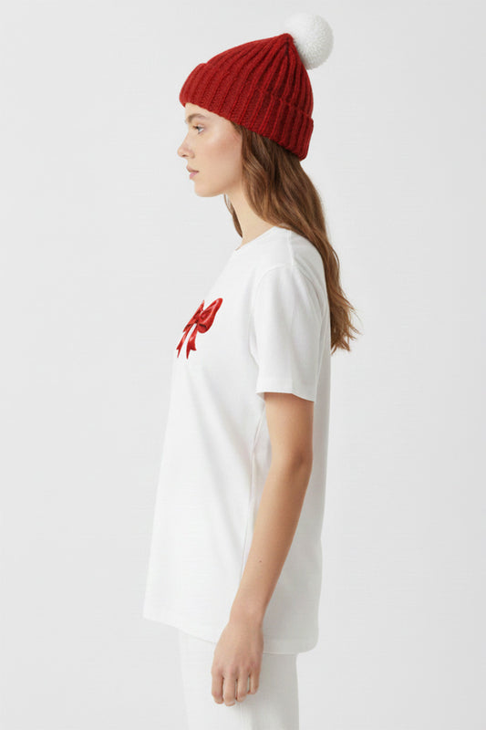 Red Bow Embroidered T-Shirt