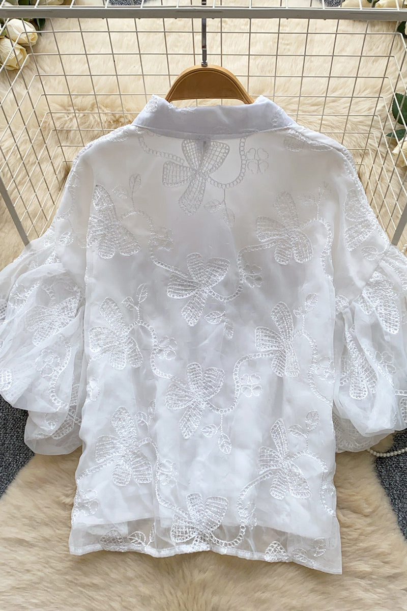 Embellished Collar Puff Sleeve Shirt