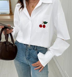 Cherry Pattern Open Sleeve Blouse