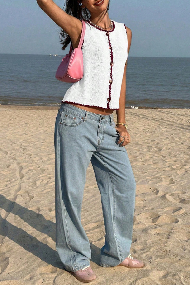 Button-Front Sleeveless Sweater Vest