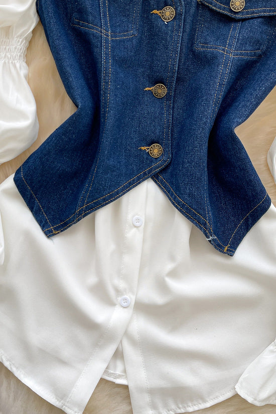 Denim Vest and White Blouse Set