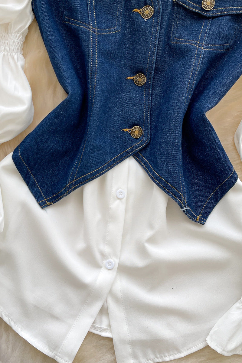 Denim Vest and White Blouse Set