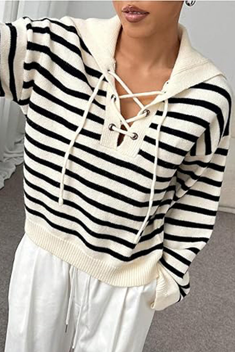 Striped Lace-Up Casual Hoodie