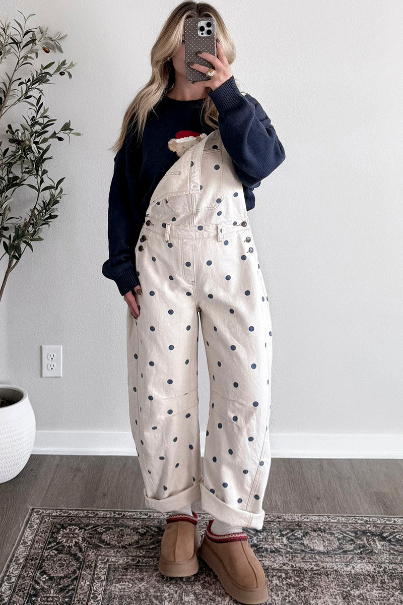 Polka Dot Denim Barrel Overalls Jumpsuit