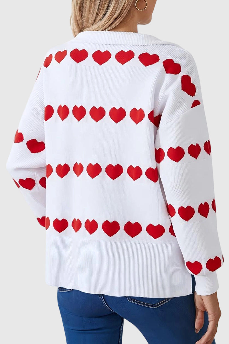 Heart Pattern Zip-Up Sweater